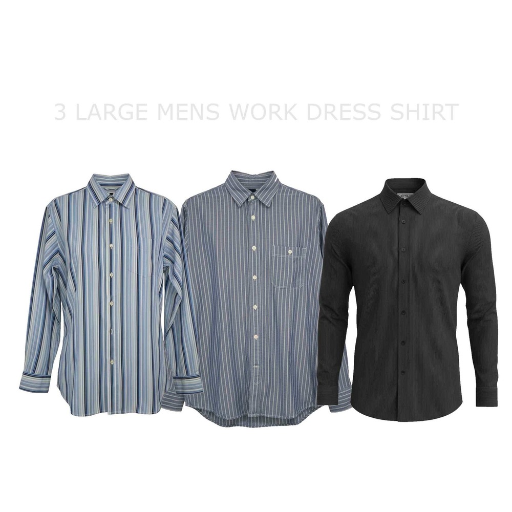 Men's L Dress Shirt Lot 3 Gap Express Striped Button Down Cotton Long Sleeve